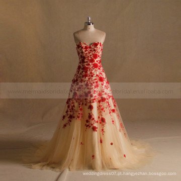 A Line Lace Red Gold Wedding Dress Pictures